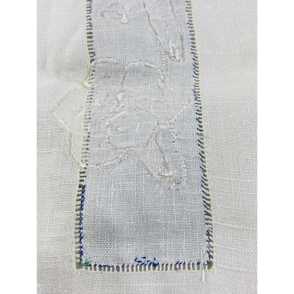Antique Embroidered Table scarf Linen with fringe Square Blue Flowers Soft Card